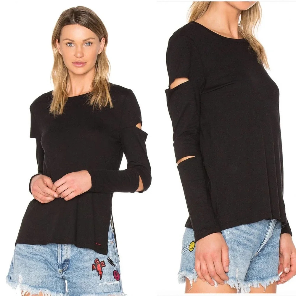 n:Philanthrophy Gloria Long Sleeve Cutout Top Tee Shirt Black Size Medium